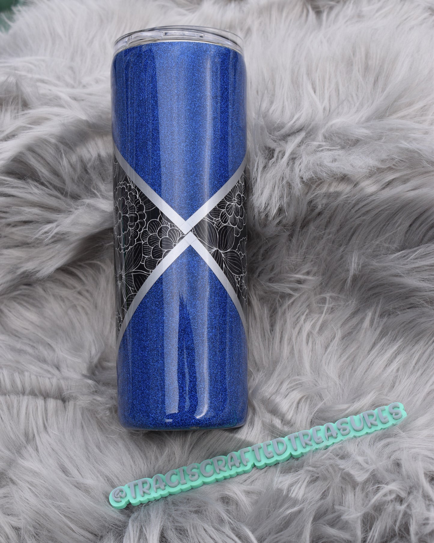 White Floral Blue Glitter 20oz Tumbler