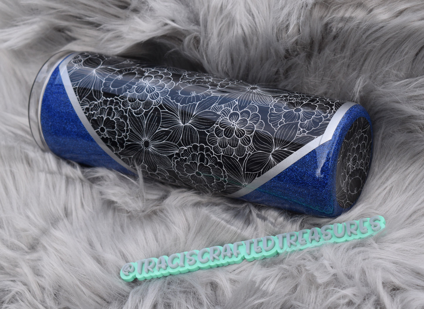 White Floral Blue Glitter 20oz Tumbler