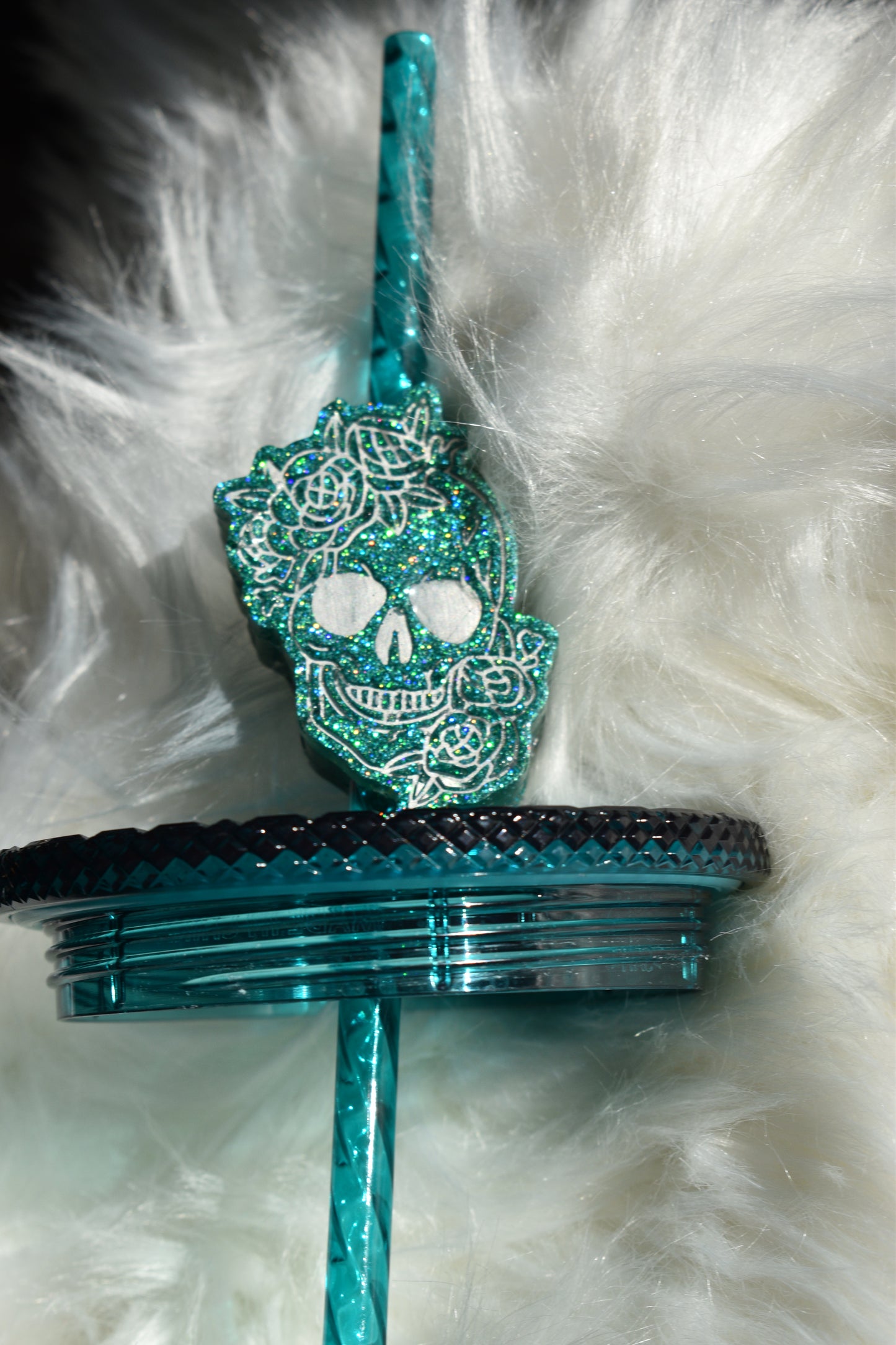 Teal Floral Skull Straw Decoration